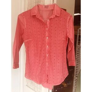 Ploumanach Womens Eyelet 3/4 Sleeve Button Front Top Pink EU Size 40
